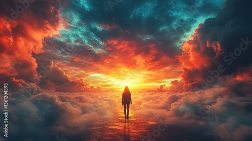 A person standing at a crossroads contemplating their future amidst vibrant skies and a serene landscape the scene evokes a sense of introspection and decision-making
