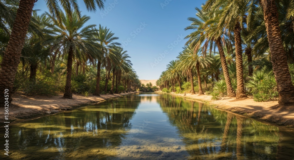 Serene Oasis Palm Trees Framing a Crystal Clear Canal in a Desert Landscape Serene Oasis Palm Trees Framing a Crystal Clear Canal in a Desert Landscape