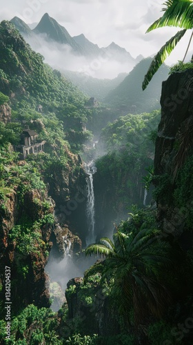 Lush Tropical Paradise: Verdant Jungle Valley with Majestic Waterfall and Towering Peaks photo