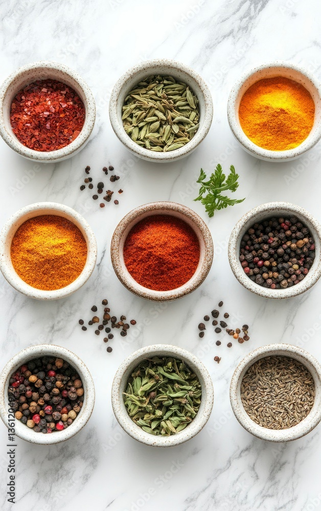 Assorted Spices in Bowls on Marble Background From Above Flatlay Assorted Spices in Bowls on Marble Background From Above Flatlay