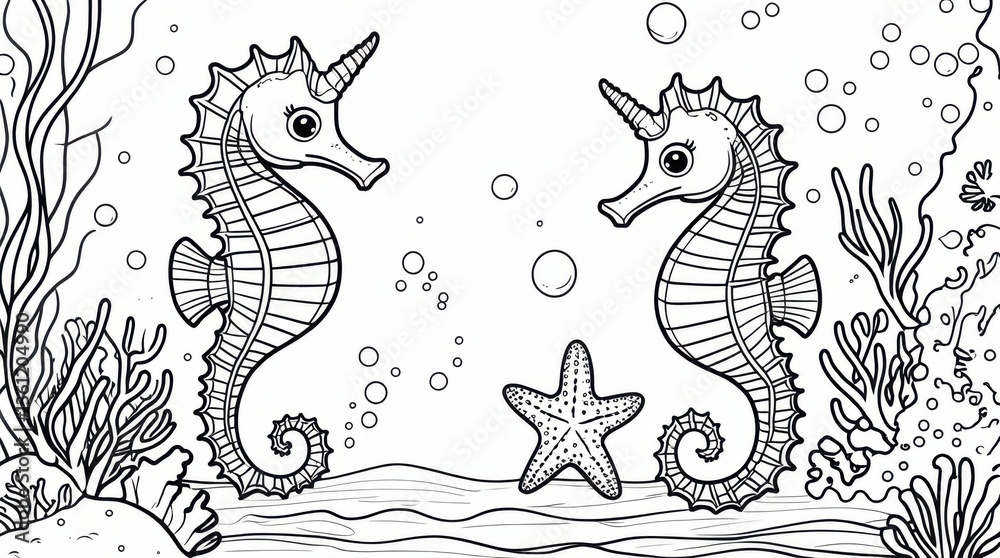 Fototapeta premium Magical Ocean Scene with Seahorses and Starfish A beautiful black-and-white ocean illustration featuring two adorable seahorses floating near coral and seaweed. 