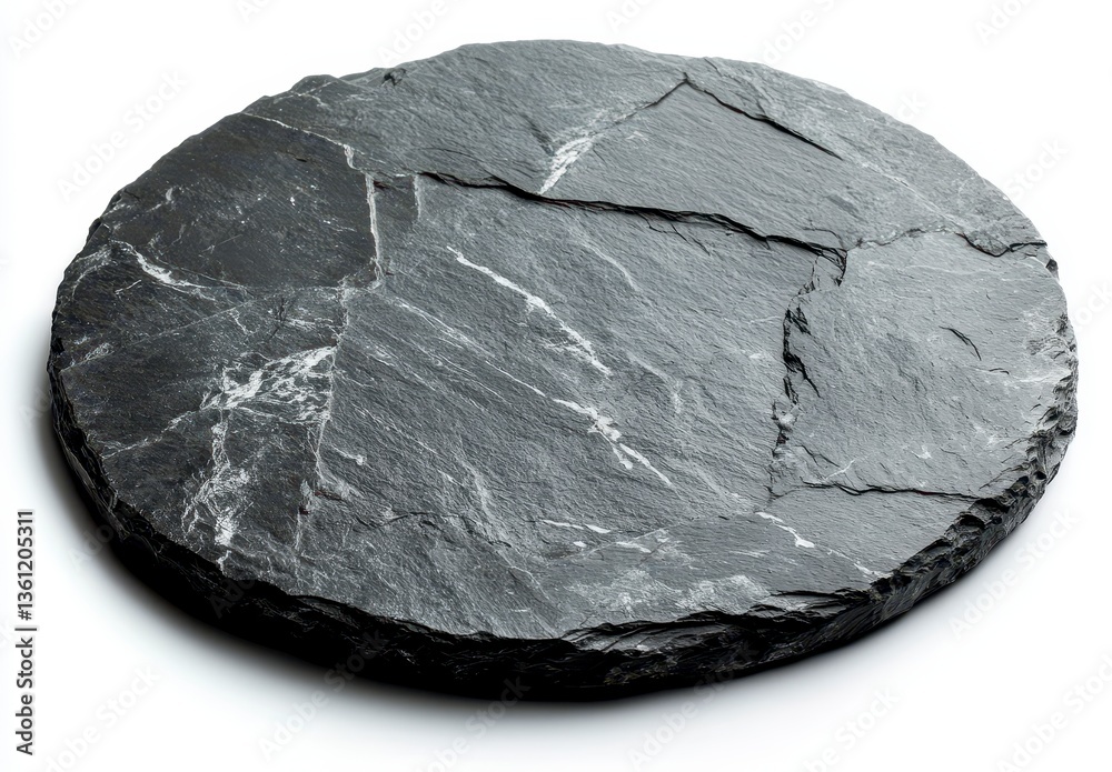 Fototapeta premium Dark Grey Round Slate Stone Coaster on White Background