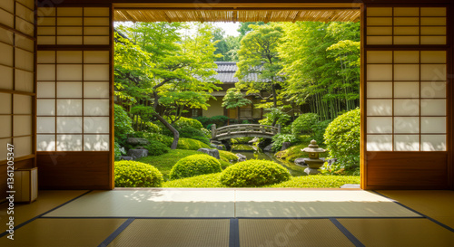 和室から眺める四季の日本庭園