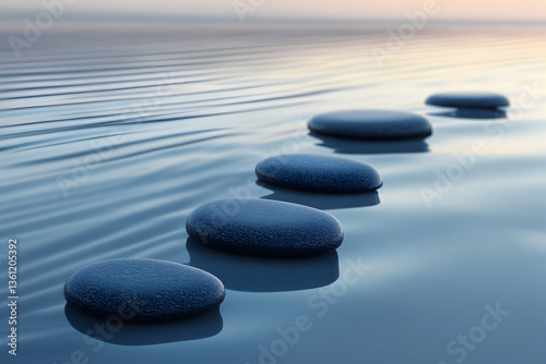 Smooth dark stepping stones lead across calm rippled water at dusk, symbolizing progress, balance, and mindful journey.