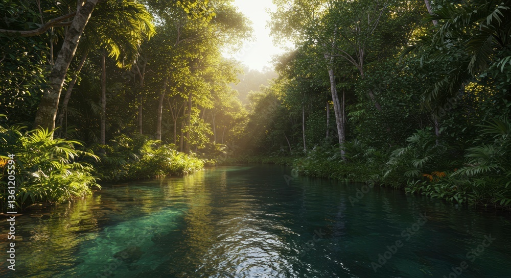 Fototapeta premium Serene Tropical River Scene Lush Rainforest Canopy Sunlight Streaming Through Trees Tranquil Water