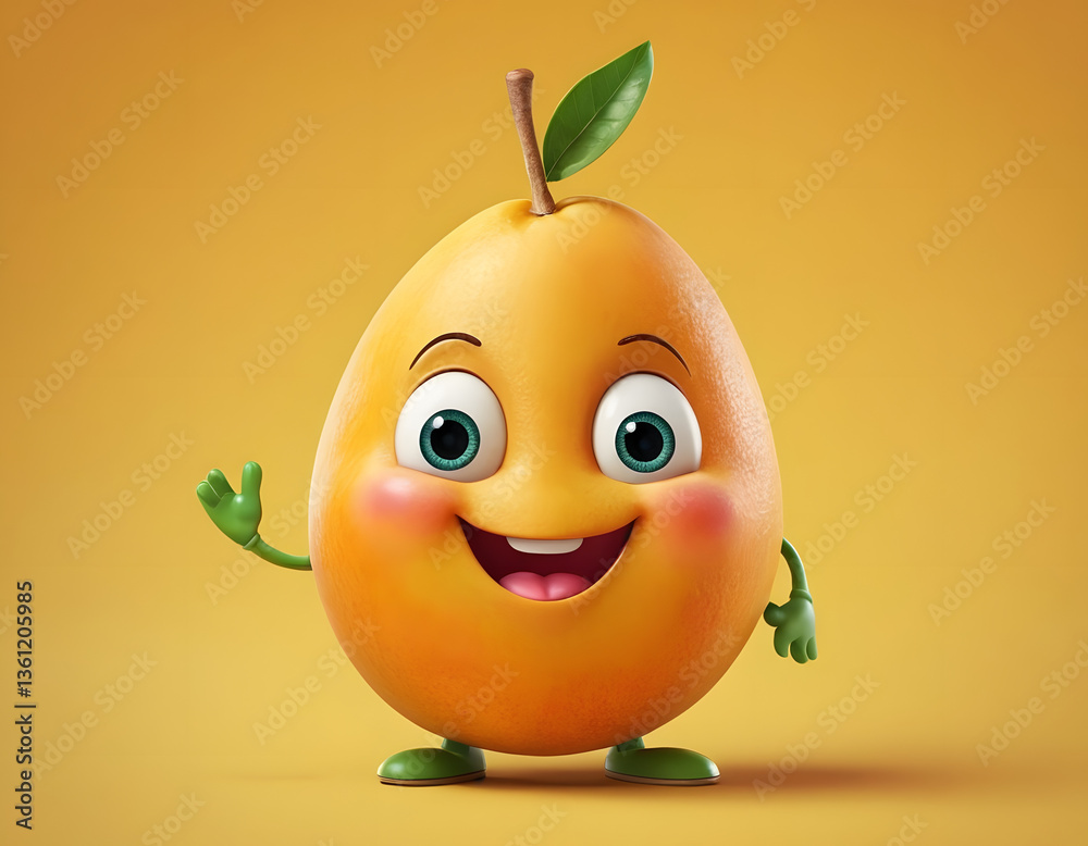 Cheerful cartoon mango character with a cute smile. Delicious mango fruit, happy funny food personage. Healthy food concept, funny mango with a smile.