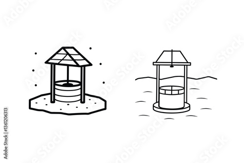 Two Simple Line Drawings of Wishing Wells, Water Wells