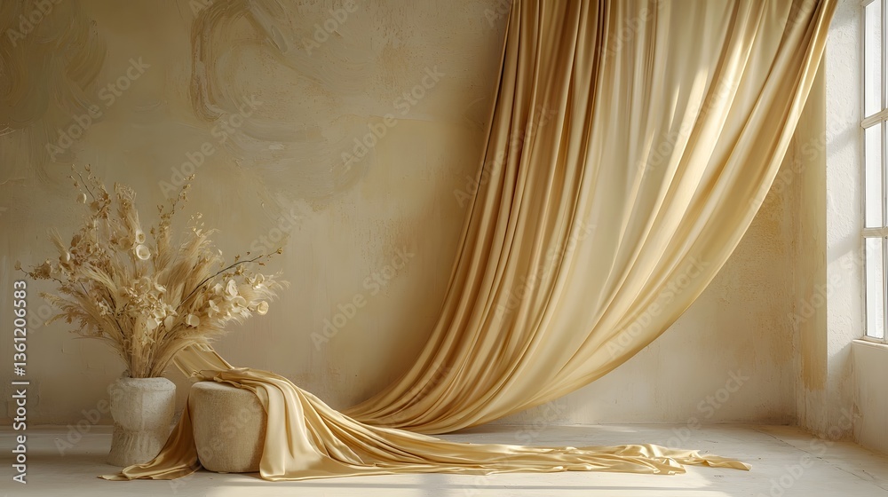 Elegant Draped Golden Silk Fabric with Soft Flowing Luxury Interior Background Elegant Draped Golden Silk Fabric with Soft Flowing Luxury Interior Background