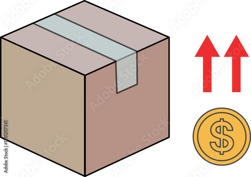 Cardboard box with arrow up and dollar sign. delivery fee going up concept vector illustration.