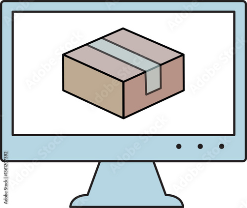 Cardboard box with computer monitor. Online shopping and shipping concept vector illustration.