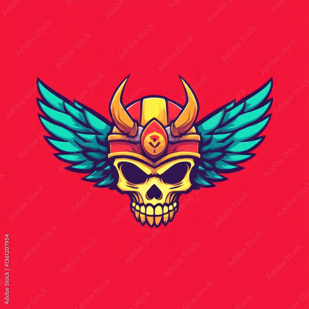 Obraz premium A cartoon skull with winged helmet on a solid red background