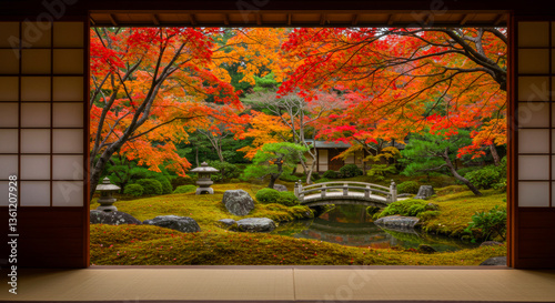 和室から眺める四季の日本庭園