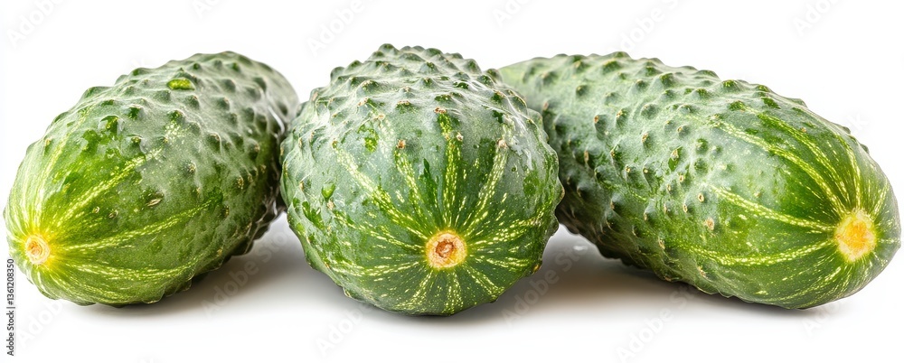 Fototapeta premium Three Fresh Green Cucumbers on White Background