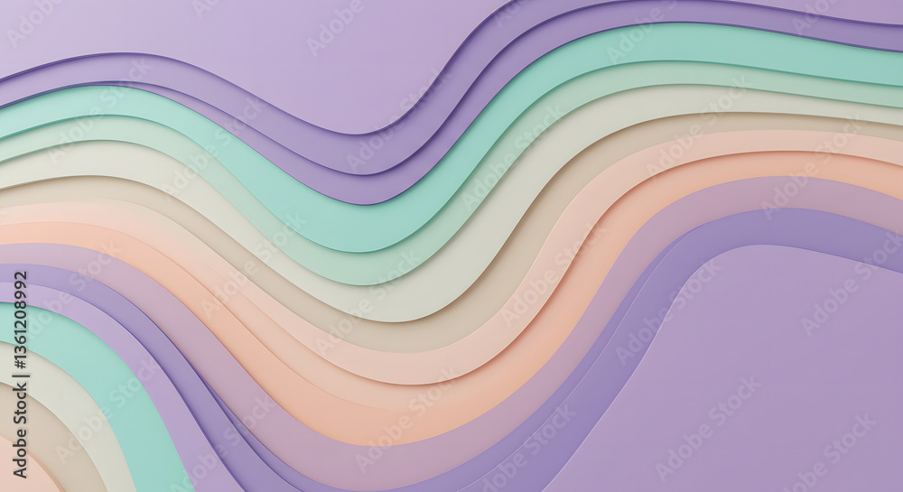 A layered abstract design featuring smooth, wavy shapes in pastel colors. The composition has a soft and elegant paper-cut effect with flowing curves. A layered abstract design featuring smooth, wavy shapes in pastel colors. The composition has a soft and elegant paper-cut effect with flowing curves.