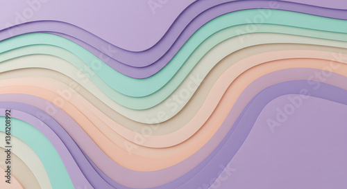 A layered abstract design featuring smooth, wavy shapes in pastel colors. The composition has a soft and elegant paper-cut effect with flowing curves.