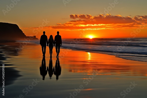 Family walking on beach at sunrise photo