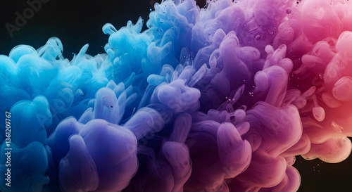 A mesmerizing abstract scene of colorful ink swirling in water, forming delicate cloud-like formations. The colors transition smoothly from soft blue to vibrant purple and rich pink.