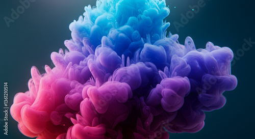 A mesmerizing abstract scene of colorful ink swirling in water, forming delicate cloud-like formations. The colors transition smoothly from soft blue to vibrant purple and rich pink.