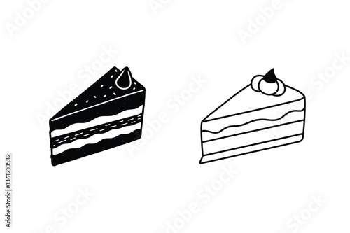 Two Delicious Cake Slice Icons Black, White, Dessert Treats
