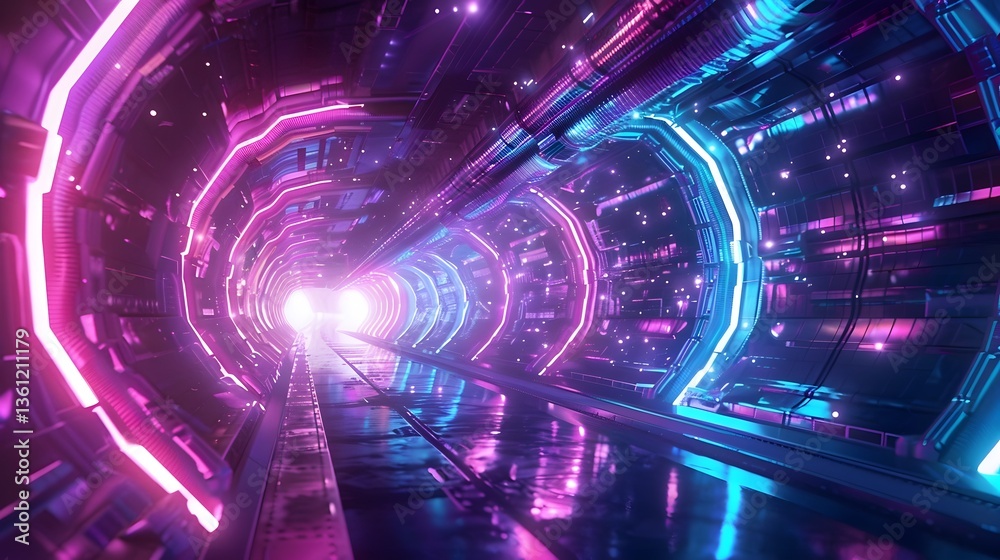Fototapeta premium Futuristic Neon Lit Digital Tunnel with Glowing Pathways and Sci Fi Inspired Design