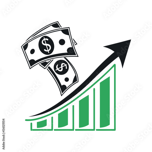 A modern financial growth logo featuring a combination of black and green colors. The design includes an upward-trending bar chart with four vertical green bars increasing in size, symbolizing financi