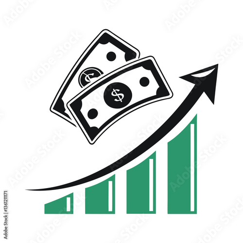 A modern financial growth logo featuring a combination of black and green colors. The design includes an upward-trending bar chart with four vertical green bars increasing in size, symbolizing financi