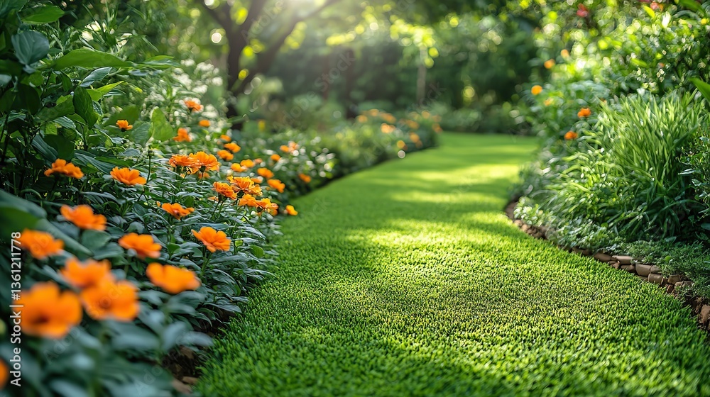 Obraz premium A serene garden filled with blooming flowers and lush greenery invites tranquility and relaxation