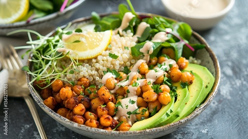 Vibrant and Nourishing Buddha Bowl with Quinoa Roasted Chickpeas and Fresh Greens Drizzled with Tahini Dressing