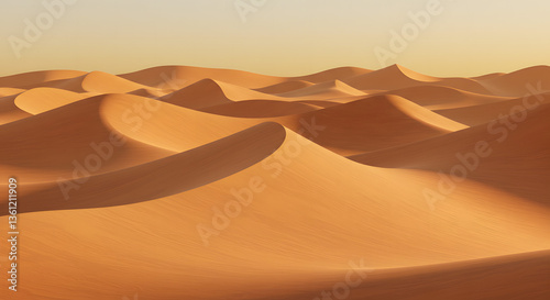 Smooth golden sand dunes with soft curves, illuminated by warm light. The texture appears silky, creating a tranquil desert landscape.