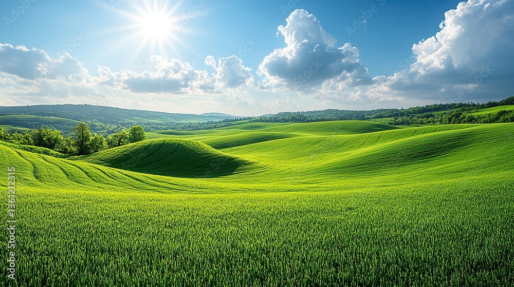 Fototapeta premium A serene landscape featuring rolling green hills under a bright blue sky with fluffy white clouds This tranquil scene evokes a sense of peace and calmness