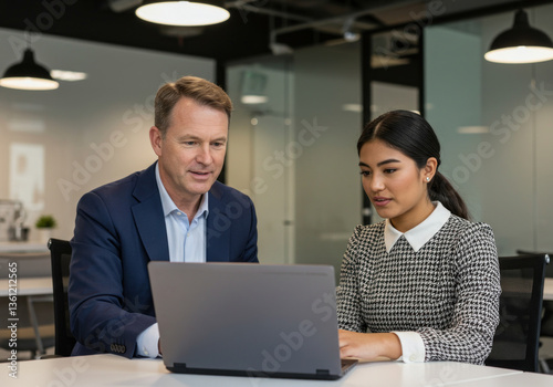 Two people at table, focused on laptop.