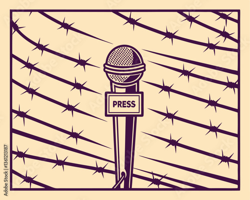 Press Microphone Surrounded by Barbed Wire: Symbol of Restricted Journalism.