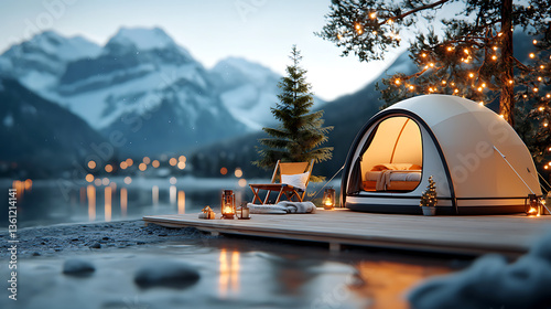 Luxurious glamping setup under the northern lights scenic lake photography serene environment captivating viewpoint nature adventure