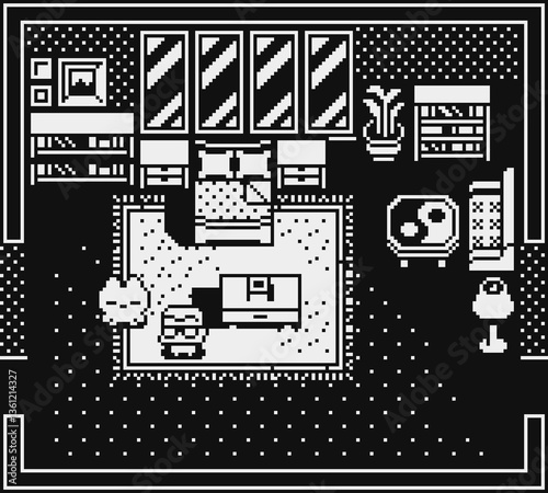 Interior living room apartment, top view, pixel background, game assets 1-bit sprite. Design for web, mobile app, vector illustration.