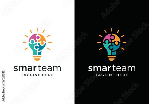 Smart team logo design puzzle icon. People, family, together, human, unity, light bulb logo and design, graphic vector illustration. Symbol, icon, creative.