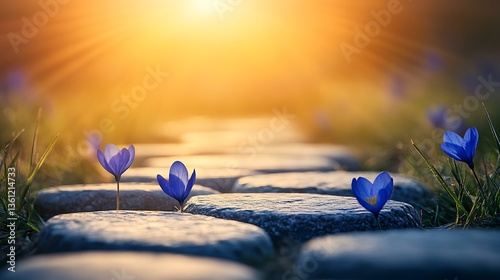 Blue flowers bloom along a stone path bathed in sunlight