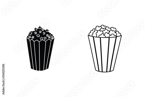 Popcorn Icons Movie Snack, Cinema Food, Black and White