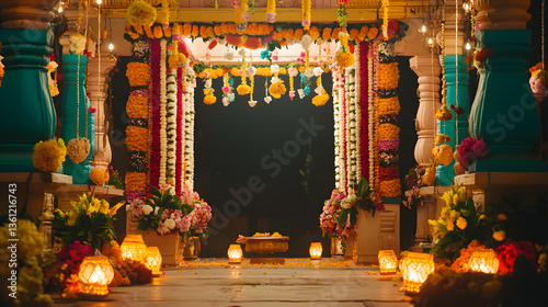 A beautifully decorated Indian wedding mandap at night, adorned with vibrant flowers, garlands, and glowing lanterns. The scene is illuminated creating a warm and inviting atmosphere.