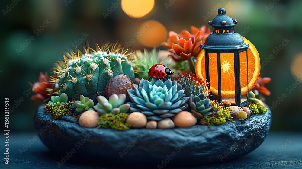 Fototapeta premium a textured dark stone planter featuring various cacti red foliage decorative moss a mini lantern and a charming orange slice with a ladybugcartoon style