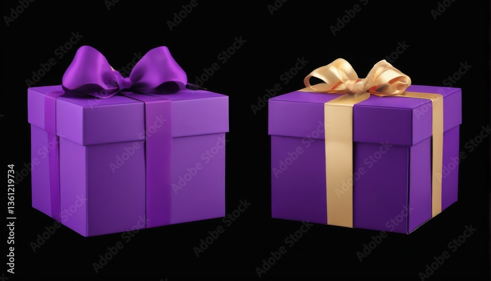 Obraz premium Two Elegant Rectangular Gift Boxes with Purple and Gold Ribbon Tied in Bows on Black Background 3D Rendering