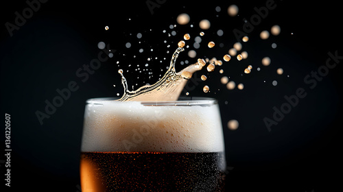 Dark Brown Beer Splashing in a Glass Against Black Background