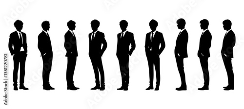 Silhouette of a Diverse Group of Professional Men in Formal Attire Standing in a Lineup against a White Background