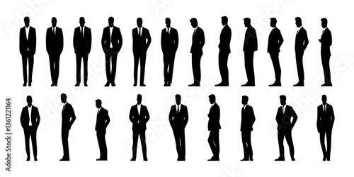 Collection of Businessmen Silhouettes in Formal Suits Standing in Various Poses and Positions Representing Professionalism and Corporate Culture