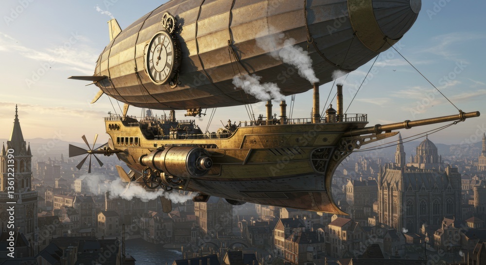 Obraz premium Steampunk Airship Flying Over Cityscape at Sunset Vintage Clockwork Zeppelin