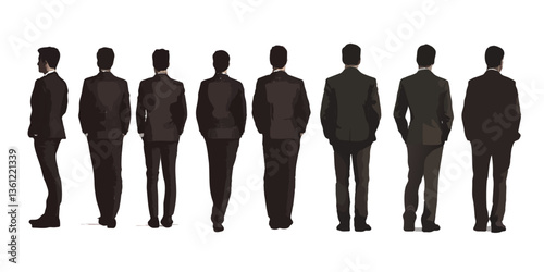 Group of Professional Men in Business Suits Standing in a Line Facing Away Against a Neutral Background