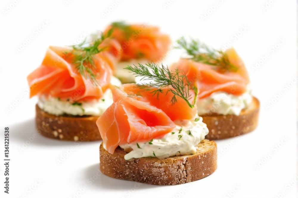 Smoked salmon and cream cheese toast with dill on white background, appetizing presentation. Smoked salmon and cream cheese toast with dill on white background, appetizing presentation.