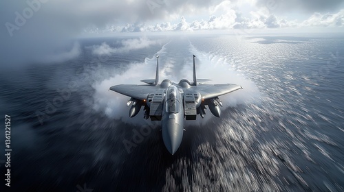F-15 Eagle Jet Fighter Soaring Over the Ocean