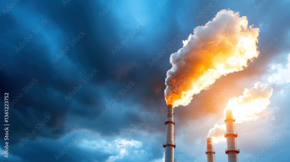 Obraz premium Dramatic industrial landscape with thick smoke billowing from factory chimneys against a moody stormy sky filled with ominous dark clouds Concept of environmental pollution global warming