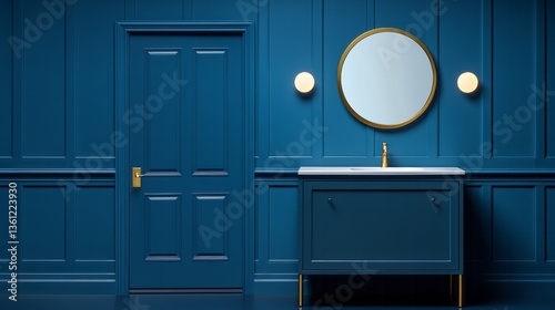 Blue bathroom interior showcases door vanity mirror and sconce lights
