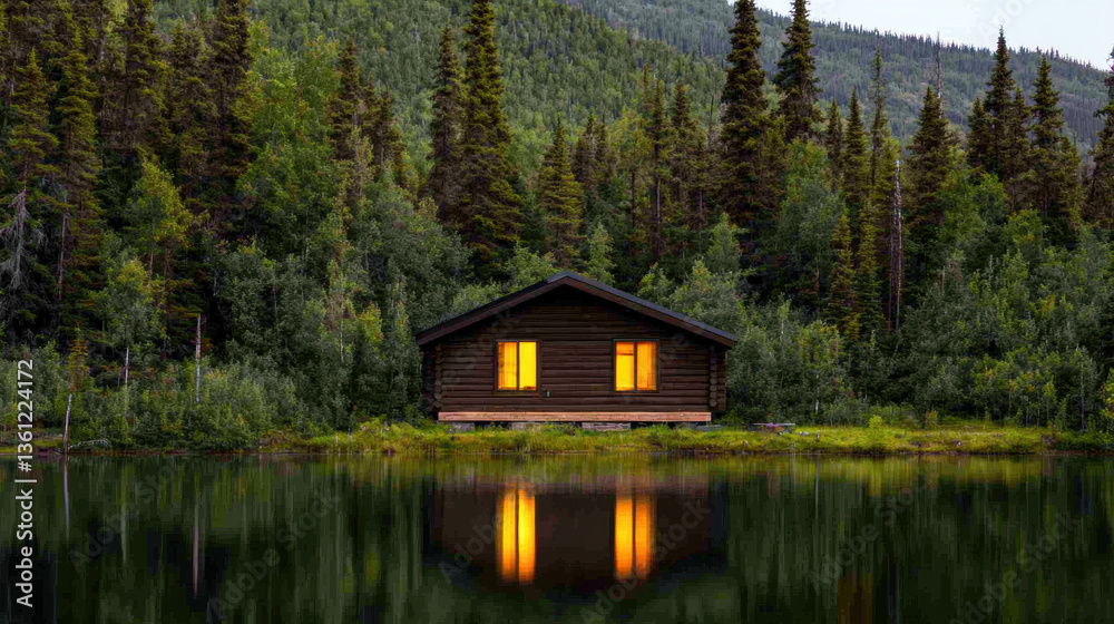 Fototapeta premium Environmental crisis secluded mountain cabin with glowing windows reflects on tranquil lake